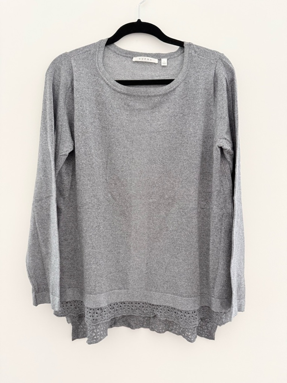 Gray Long Sleeve Light Sweater with Crochet Lace Hem